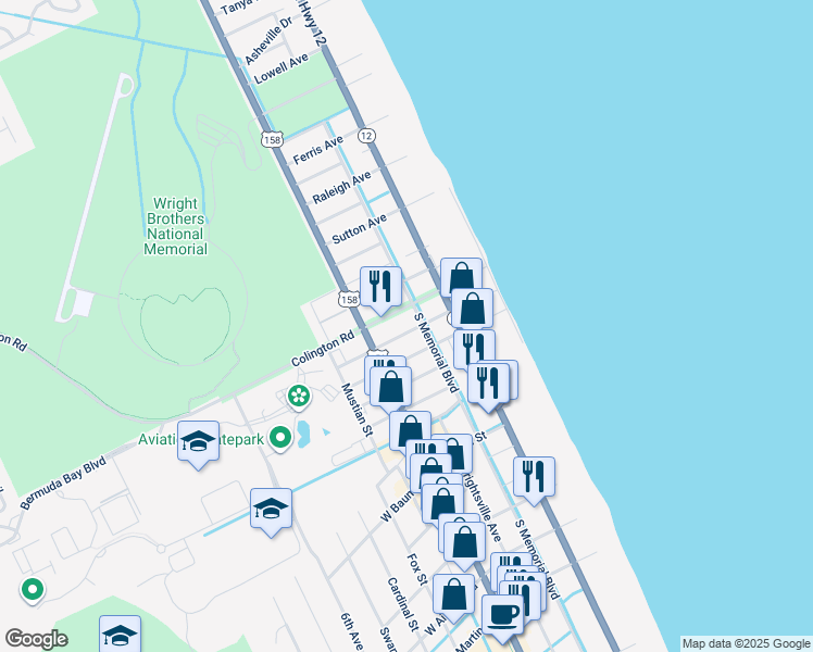 map of restaurants, bars, coffee shops, grocery stores, and more near 114 East Carlton Avenue in Kill Devil Hills
