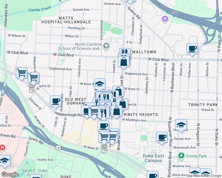 map of restaurants, bars, coffee shops, grocery stores, and more near 923 Iredell Street in Durham