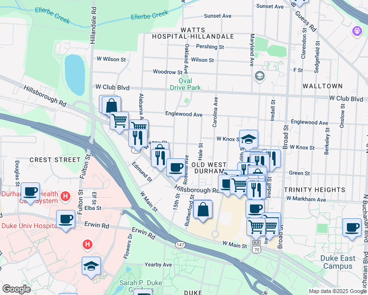 map of restaurants, bars, coffee shops, grocery stores, and more near in Durham