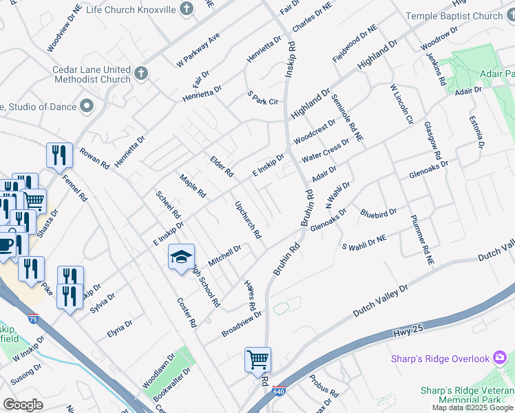 map of restaurants, bars, coffee shops, grocery stores, and more near 806 East Inskip Drive in Knoxville