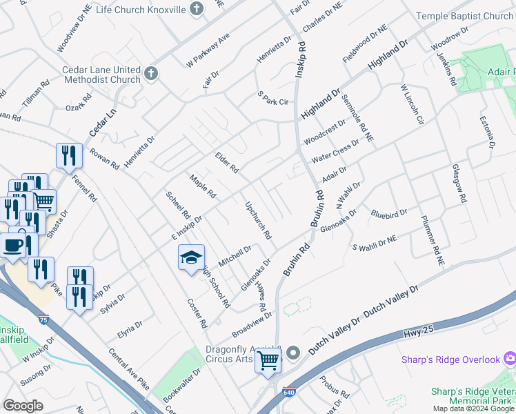 map of restaurants, bars, coffee shops, grocery stores, and more near 806 East Inskip Drive in Knoxville