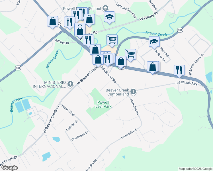 map of restaurants, bars, coffee shops, grocery stores, and more near 3736 Tilbury Way in Knoxville