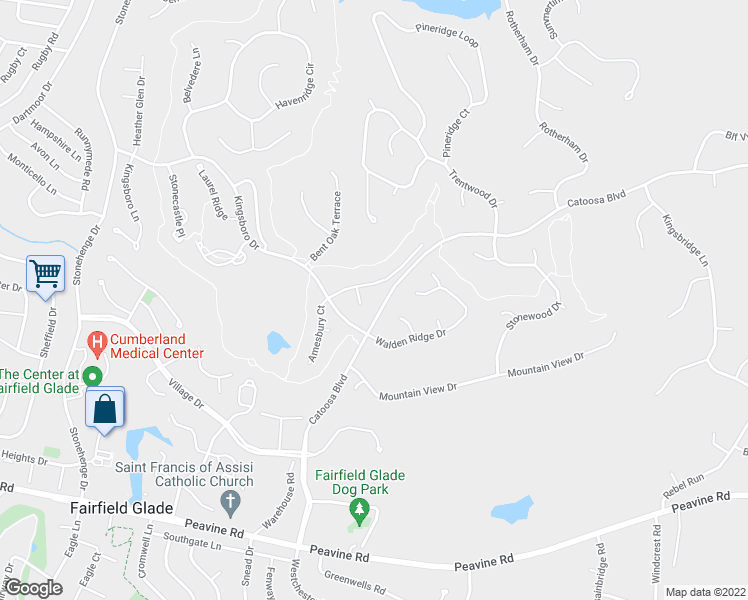 map of restaurants, bars, coffee shops, grocery stores, and more near 13 Creigmont Court in Crossville
