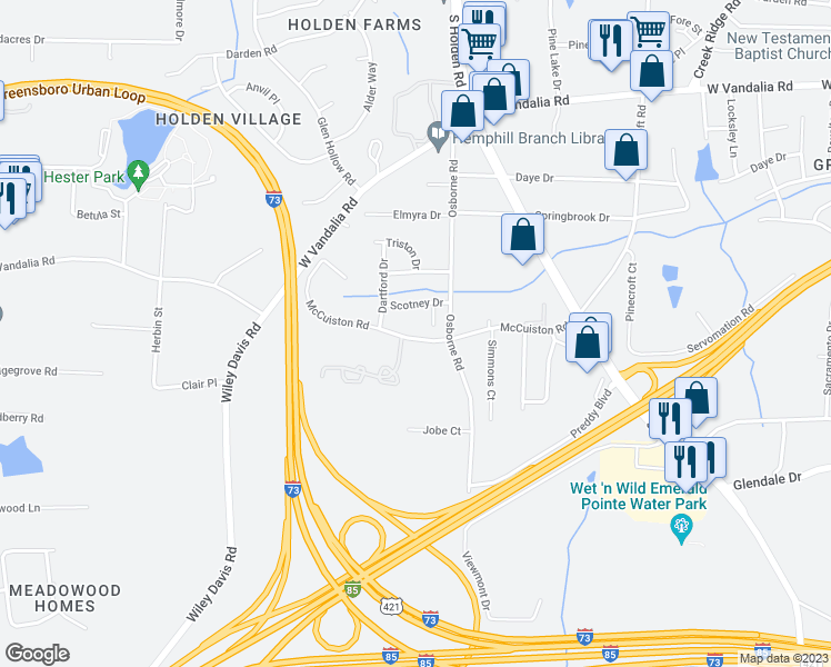 map of restaurants, bars, coffee shops, grocery stores, and more near 3610 McCuiston Road in Greensboro