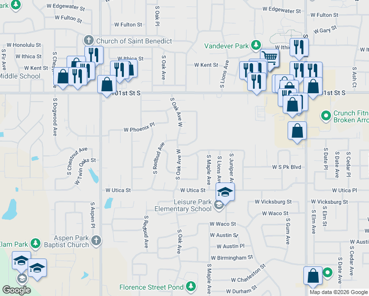 map of restaurants, bars, coffee shops, grocery stores, and more near 1321 West Quantico Place in Broken Arrow