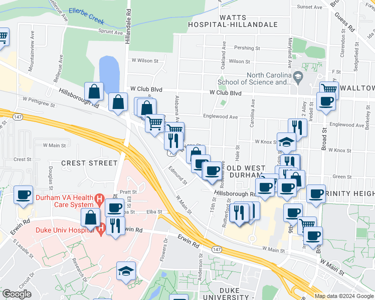 map of restaurants, bars, coffee shops, grocery stores, and more near 927 Alabama Avenue in Durham