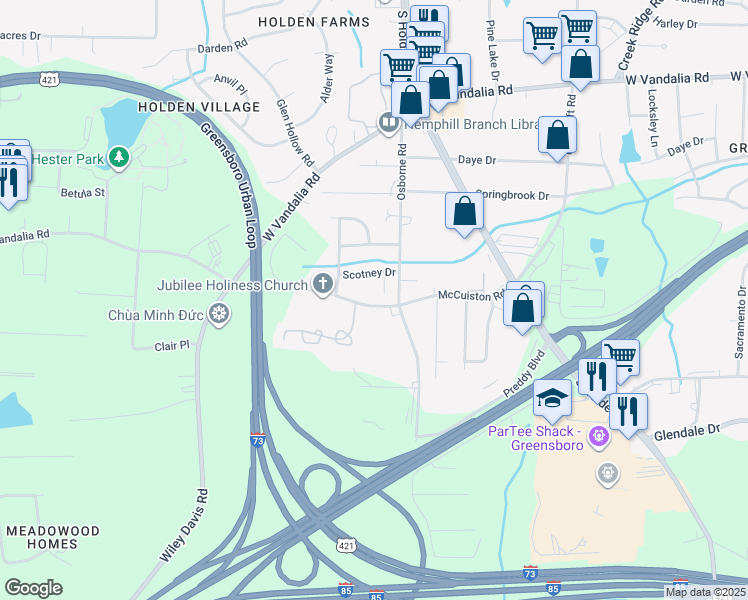 map of restaurants, bars, coffee shops, grocery stores, and more near 3608 McCuiston Road in Greensboro