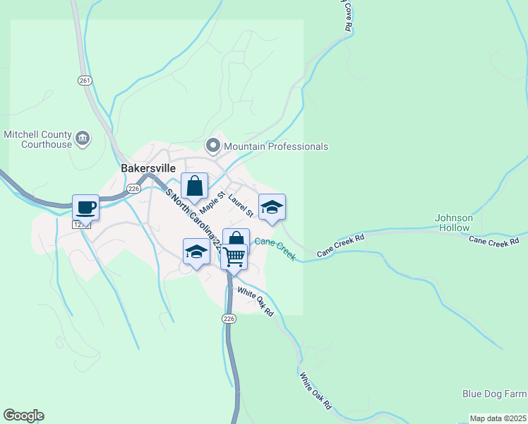 map of restaurants, bars, coffee shops, grocery stores, and more near 157 Laurel Street in Bakersville