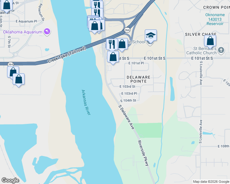 map of restaurants, bars, coffee shops, grocery stores, and more near 10312 South Delaware Place in Tulsa