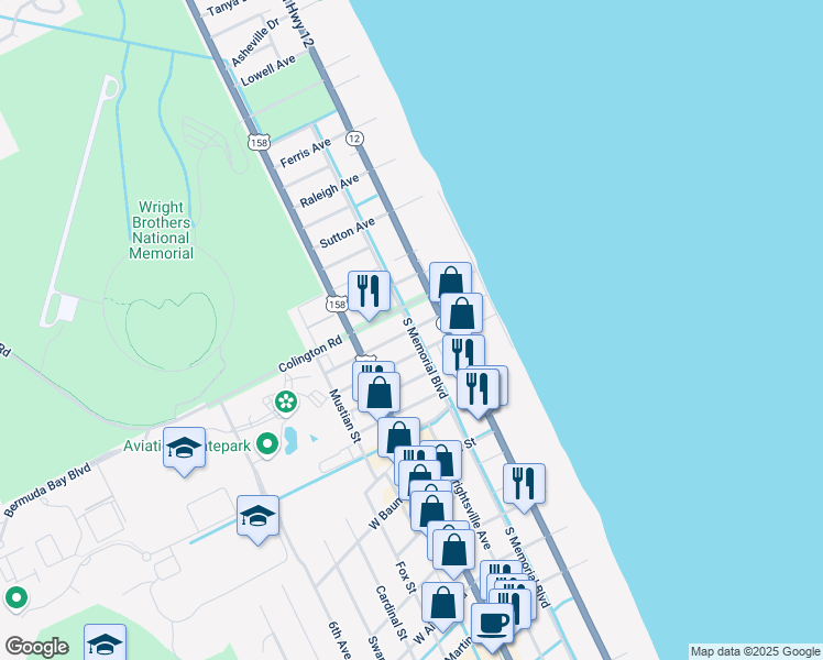 map of restaurants, bars, coffee shops, grocery stores, and more near 118 East Carlton Avenue in Kill Devil Hills