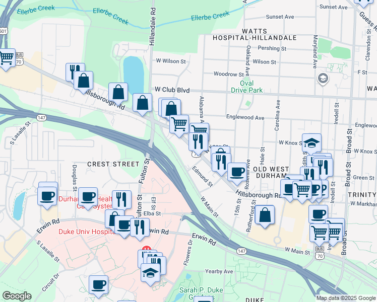 map of restaurants, bars, coffee shops, grocery stores, and more near 2813 Hillsborough Road in Durham