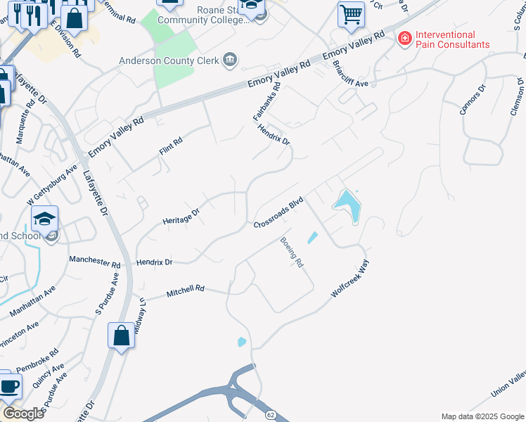 map of restaurants, bars, coffee shops, grocery stores, and more near 104 High Point Lane in Oak Ridge