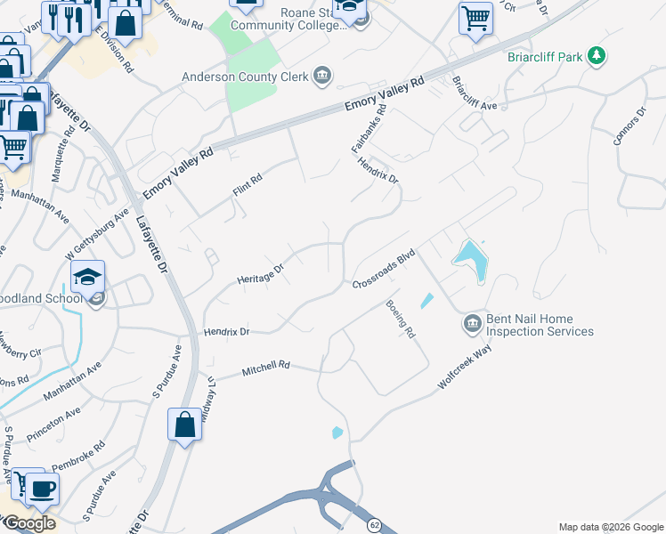 map of restaurants, bars, coffee shops, grocery stores, and more near 107 Hardwick Place in Oak Ridge