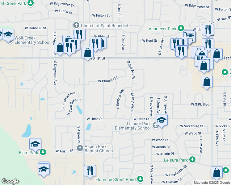 map of restaurants, bars, coffee shops, grocery stores, and more near 3905 S Sycamore Ave in Broken Arrow