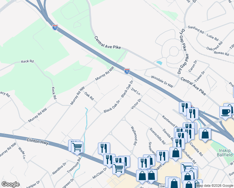 map of restaurants, bars, coffee shops, grocery stores, and more near 405 Black Oak Drive in Knoxville