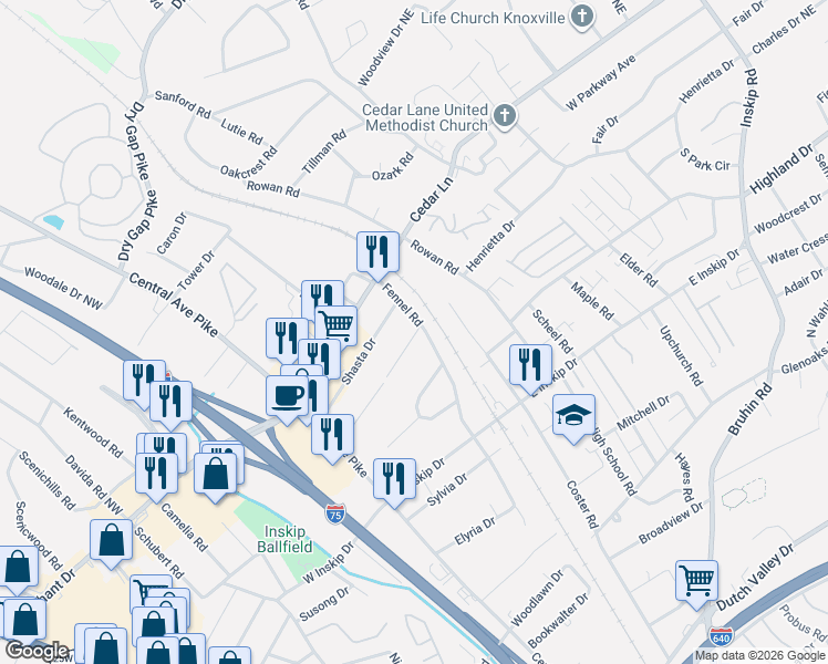 map of restaurants, bars, coffee shops, grocery stores, and more near 313 Naueda Lane Northeast in Knoxville