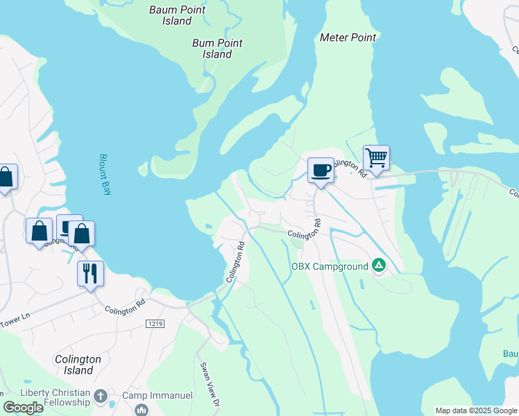 map of restaurants, bars, coffee shops, grocery stores, and more near 109 Colington Point Circle in Kill Devil Hills