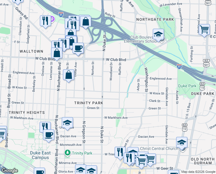 map of restaurants, bars, coffee shops, grocery stores, and more near 1407 Woodland Drive in Durham