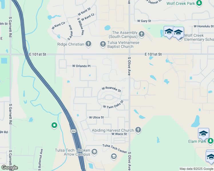 map of restaurants, bars, coffee shops, grocery stores, and more near 3900 West Roanoke Street in Broken Arrow