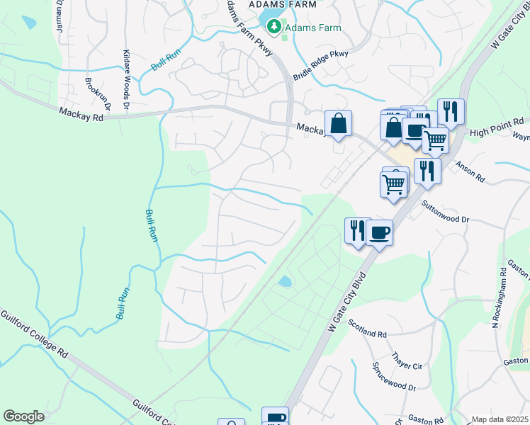 map of restaurants, bars, coffee shops, grocery stores, and more near 5511 Westerborne Drive in Greensboro