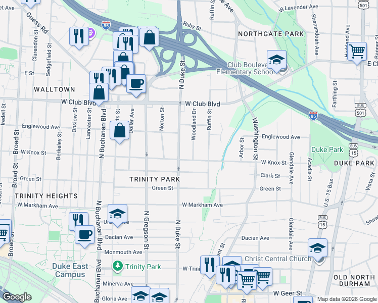 map of restaurants, bars, coffee shops, grocery stores, and more near 1407 Woodland Drive in Durham
