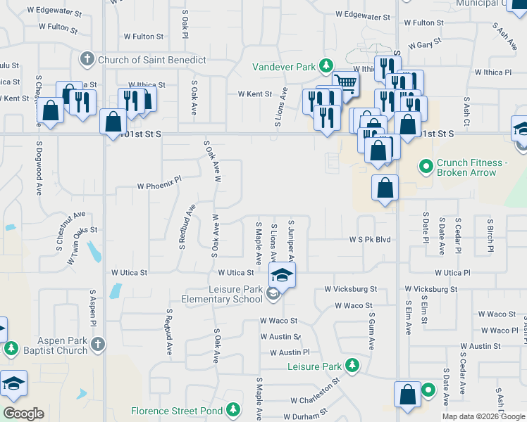 map of restaurants, bars, coffee shops, grocery stores, and more near 1120 West Roanoke Street in Broken Arrow