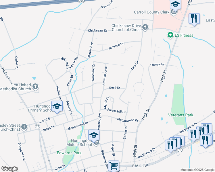 map of restaurants, bars, coffee shops, grocery stores, and more near 341 Quail Street in Huntingdon