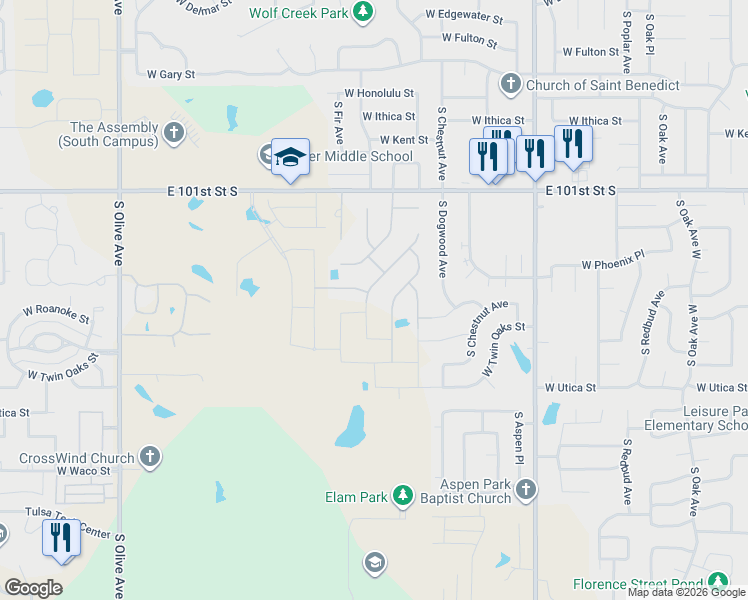 map of restaurants, bars, coffee shops, grocery stores, and more near 3813 South Elder Boulevard in Broken Arrow