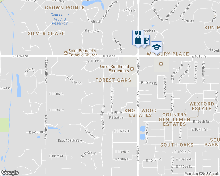 map of restaurants, bars, coffee shops, grocery stores, and more near 10332 South Toledo Avenue in Tulsa