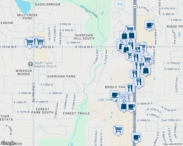 map of restaurants, bars, coffee shops, grocery stores, and more near 10355 South 76th East Avenue in Tulsa