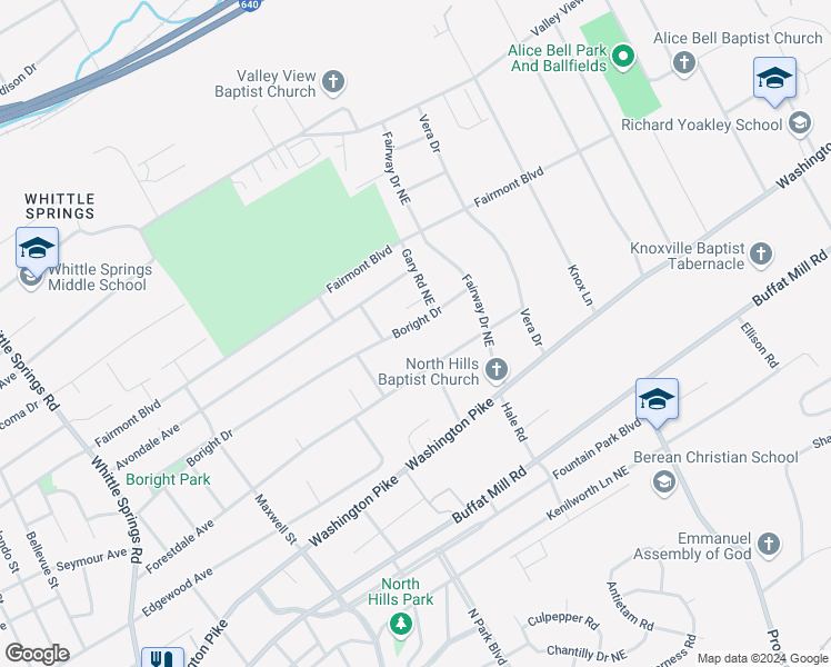 map of restaurants, bars, coffee shops, grocery stores, and more near 3410 Boright Drive in Knoxville