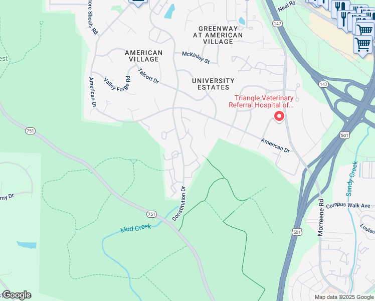 map of restaurants, bars, coffee shops, grocery stores, and more near 1207 White Pine Drive in Durham