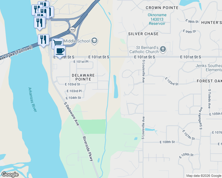 map of restaurants, bars, coffee shops, grocery stores, and more near 10339 South Gary Place in Tulsa