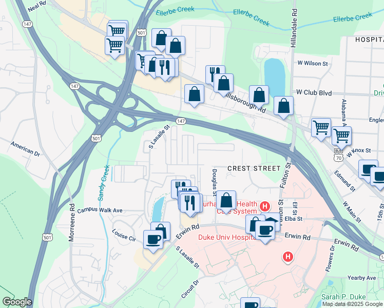 map of restaurants, bars, coffee shops, grocery stores, and more near 311 South Lasalle Street in Durham