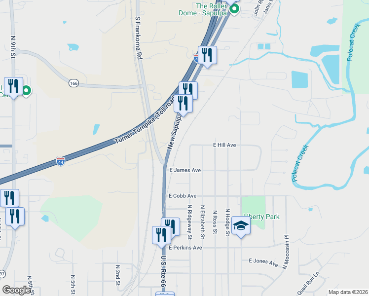 map of restaurants, bars, coffee shops, grocery stores, and more near 1101 New Sapulpa Road in Sapulpa