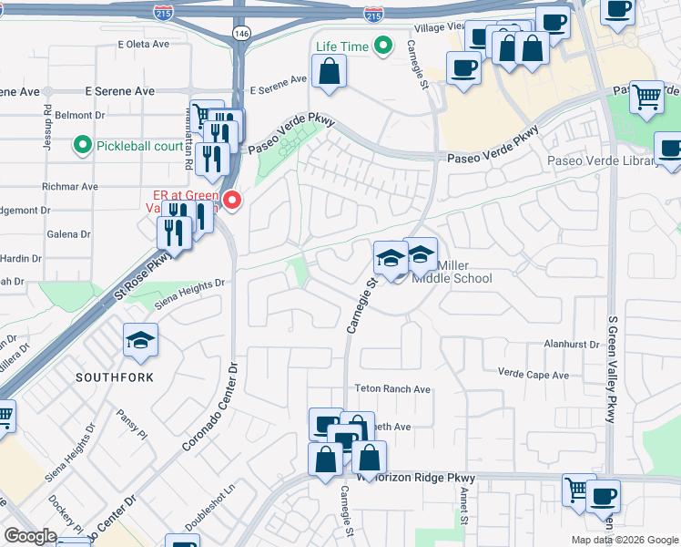 map of restaurants, bars, coffee shops, grocery stores, and more near 2528 Citrus Garden Circle in Henderson
