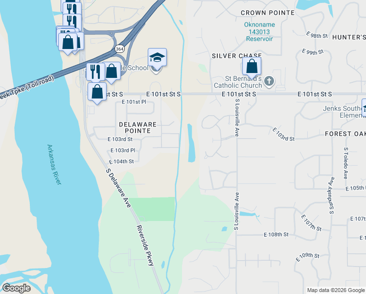map of restaurants, bars, coffee shops, grocery stores, and more near 10339 South Gary Place in Tulsa