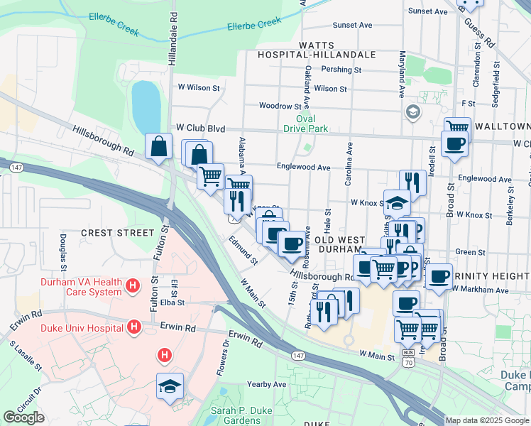 map of restaurants, bars, coffee shops, grocery stores, and more near 924 Alabama Avenue in Durham