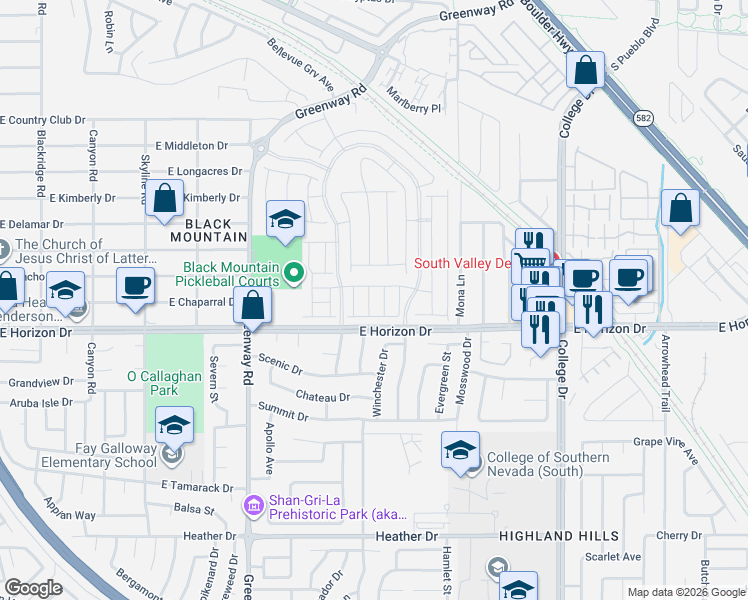 map of restaurants, bars, coffee shops, grocery stores, and more near 421-423 E Horizon Dr in Henderson
