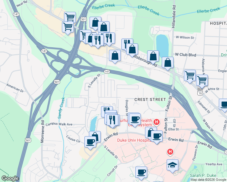 map of restaurants, bars, coffee shops, grocery stores, and more near 311 South Lasalle Street in Durham
