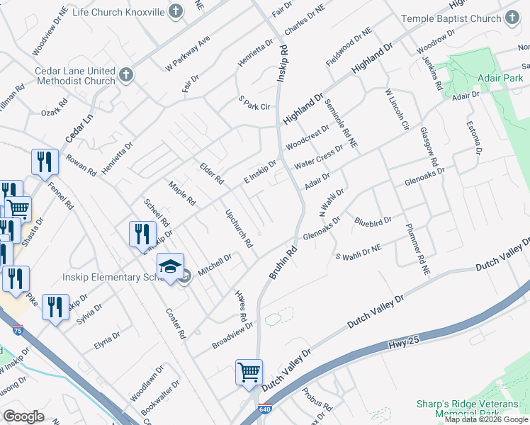 map of restaurants, bars, coffee shops, grocery stores, and more near 4719 Scepter Way in Knoxville