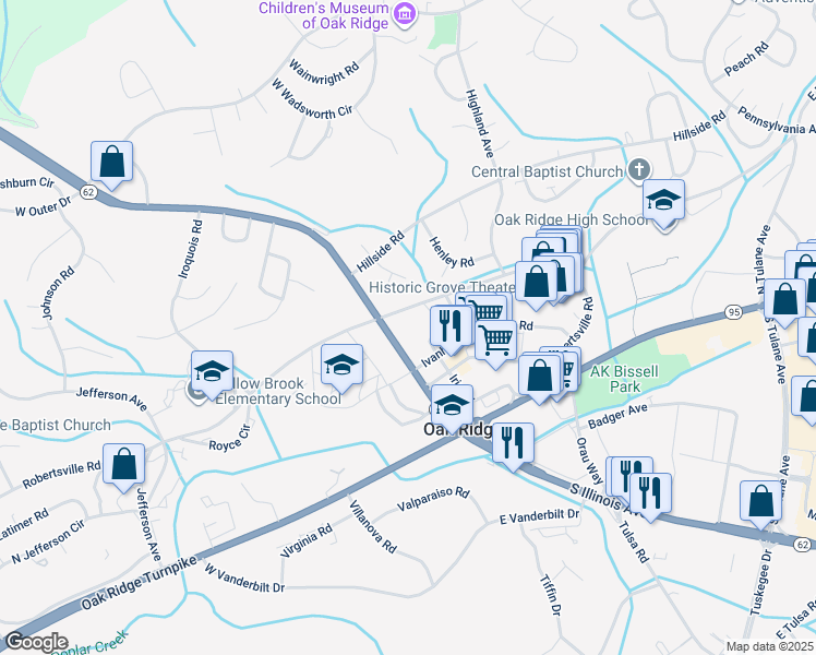 map of restaurants, bars, coffee shops, grocery stores, and more near 154 North Illinois Avenue in Oak Ridge