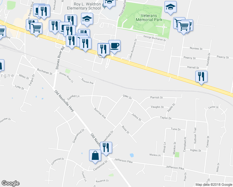 map of restaurants, bars, coffee shops, grocery stores, and more near 143 Deer Drive in La Vergne