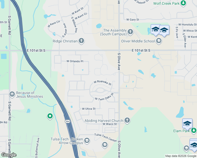 map of restaurants, bars, coffee shops, grocery stores, and more near 3900 West Roanoke Street in Broken Arrow