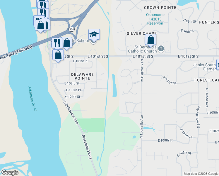 map of restaurants, bars, coffee shops, grocery stores, and more near 10339 South Gary Place in Tulsa