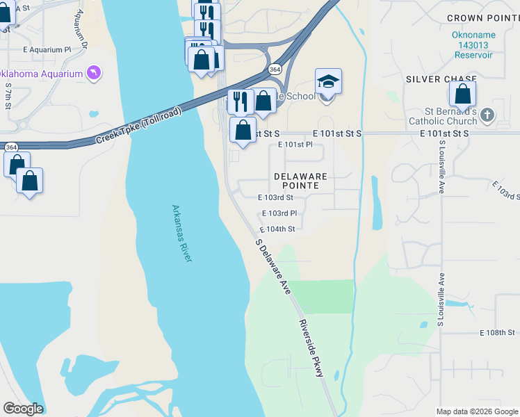 map of restaurants, bars, coffee shops, grocery stores, and more near 10312 South Delaware Place in Tulsa