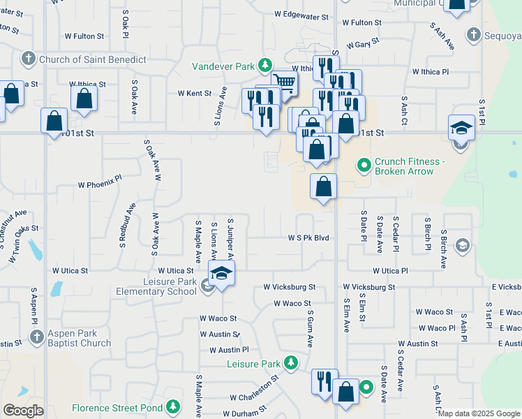 map of restaurants, bars, coffee shops, grocery stores, and more near 4000 South Hickory Avenue in Broken Arrow