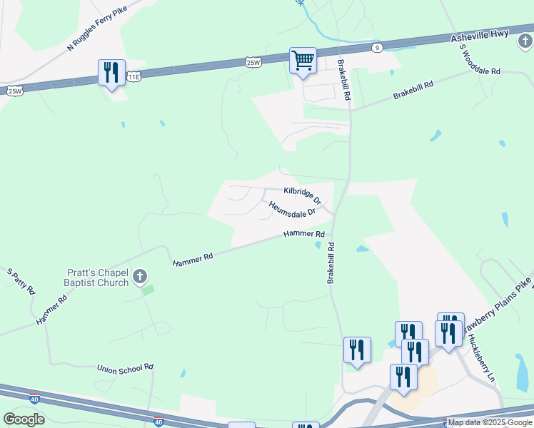 map of restaurants, bars, coffee shops, grocery stores, and more near 525 Parkstone Lane in Knoxville