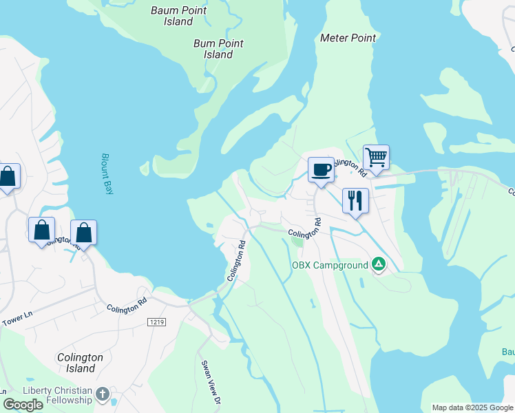 map of restaurants, bars, coffee shops, grocery stores, and more near 101 Colington Pointe Circle in Kill Devil Hills