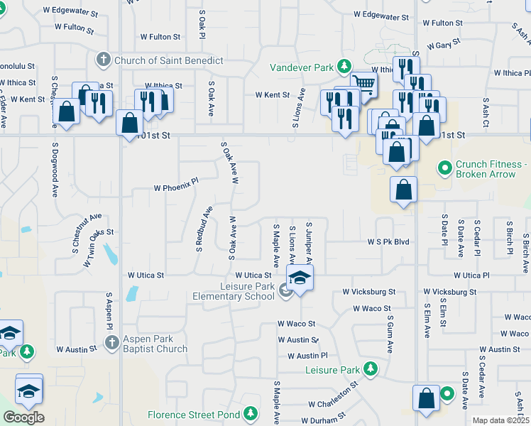 map of restaurants, bars, coffee shops, grocery stores, and more near 1204 West Roanoke Street in Broken Arrow